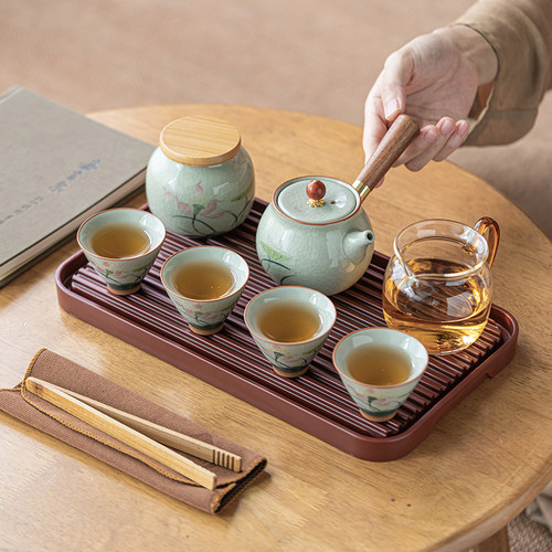 画续冰裂釉手绘芙蓉侧把壶旅行功夫茶具套装茶盘户外便携式收纳包 - 图2