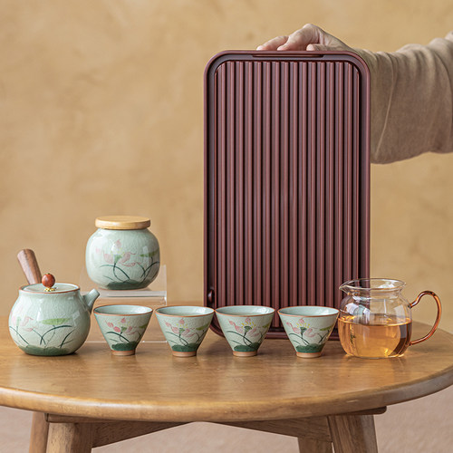 画续冰裂釉手绘芙蓉侧把壶旅行功夫茶具套装茶盘户外便携式收纳包 - 图0