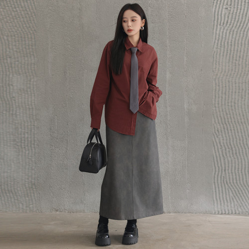 AIRIQI冬季新款休闲极简通勤风全棉宽松显瘦落肩衬衫女AY44CS222 - 图1