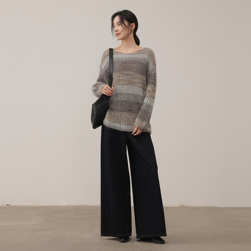 AIRIQI商场同款25冬新款慵懒条纹宽松圆领羊毛针织衫女AY54MS339 - 图2