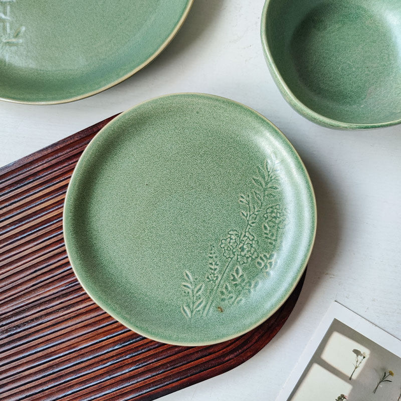 日式简约浮雕芸苔陶瓷碗盘子哑光餐具 西餐盘牛排盘面碗套装微瑕,淘宝优惠券,粉丝福利购,淘宝优惠卷