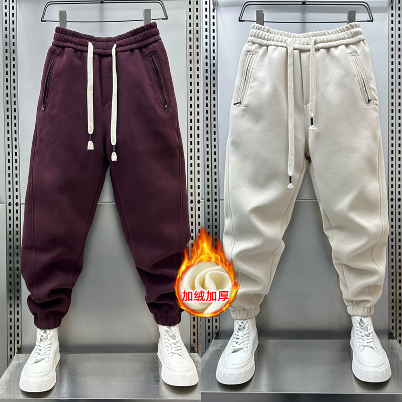 秋冬男士口袋拉链束脚运动卫裤百搭纯色休闲裤男裤宽松抽绳哈伦裤,淘宝优惠券,粉丝福利购,淘宝优惠卷