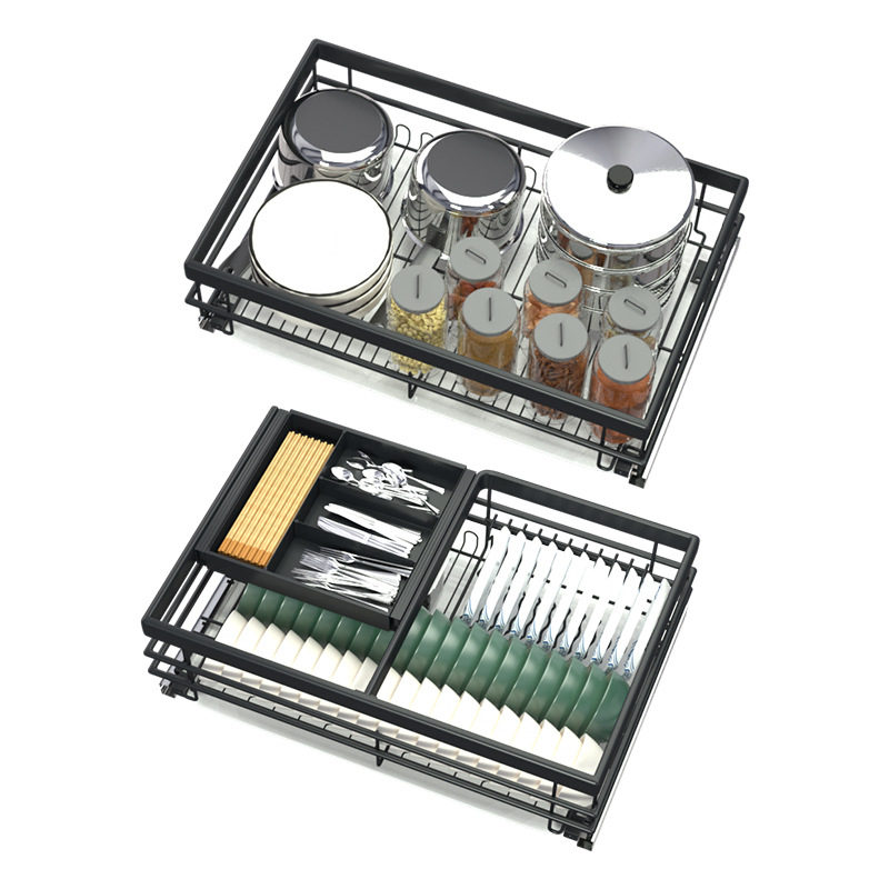 拉篮厨房橱柜双层抽屉式304不锈钢碗篮厨柜抽拉碗碟阻尼-图3