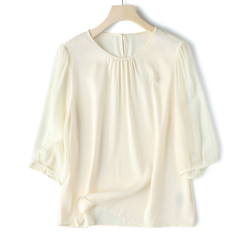 法式绣花22姆米重磅桑蚕真丝双乔缎上衣短袖圆领衬衫优雅通勤夏季,淘宝优惠券,粉丝福利购,淘宝优惠卷