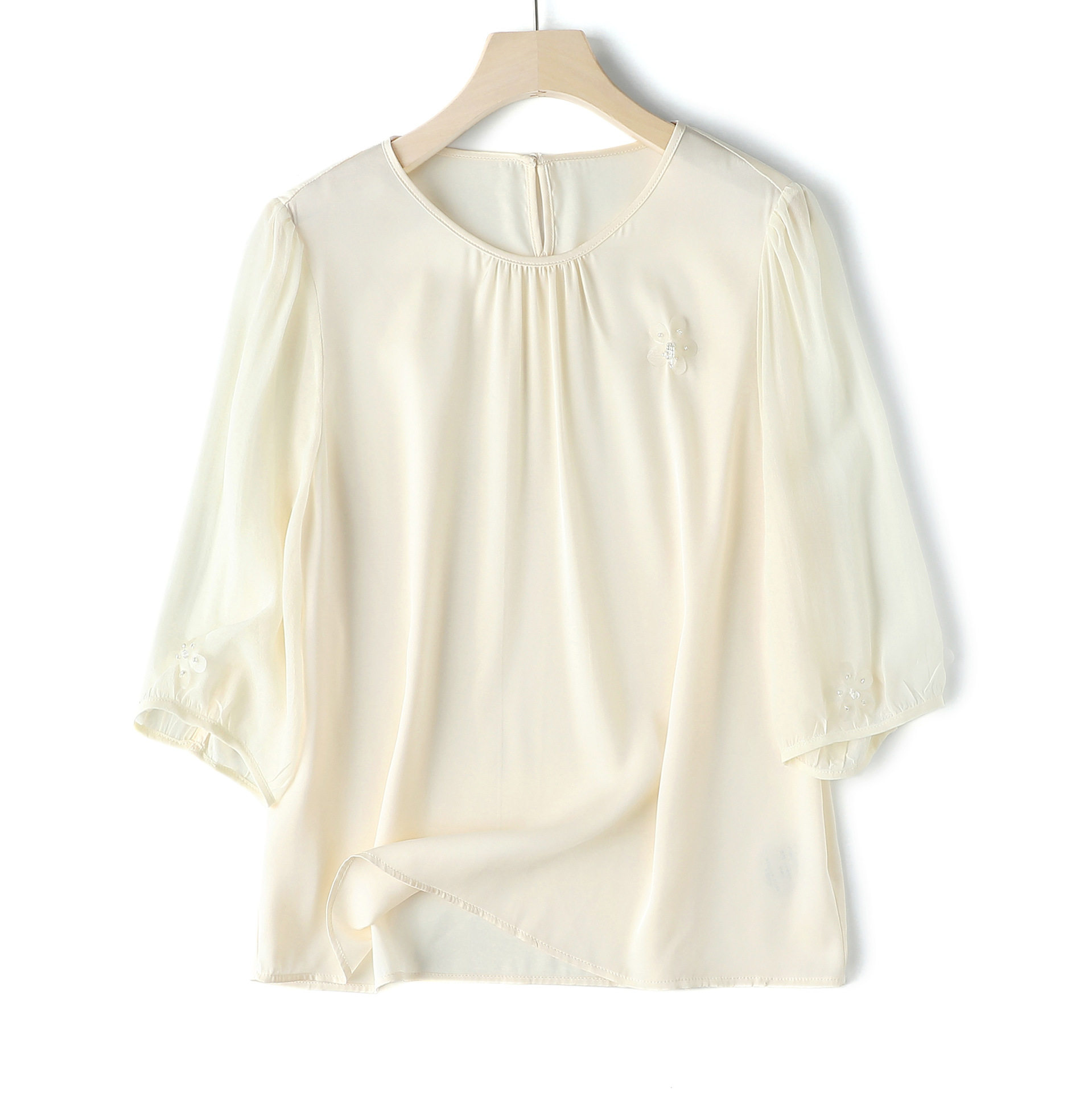 法式绣花22姆米重磅桑蚕真丝双乔缎上衣短袖圆领衬衫优雅通勤夏季,淘宝优惠券,粉丝福利购,淘宝优惠卷