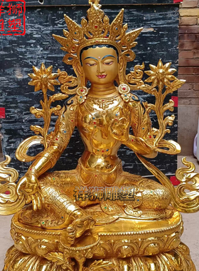 祥狮彩绘带背光大型绿度母佛像