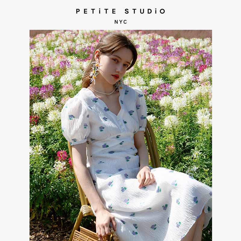 Petite Studio 夏季Reverie白色勿忘我碎花法式复古泡泡袖连衣裙