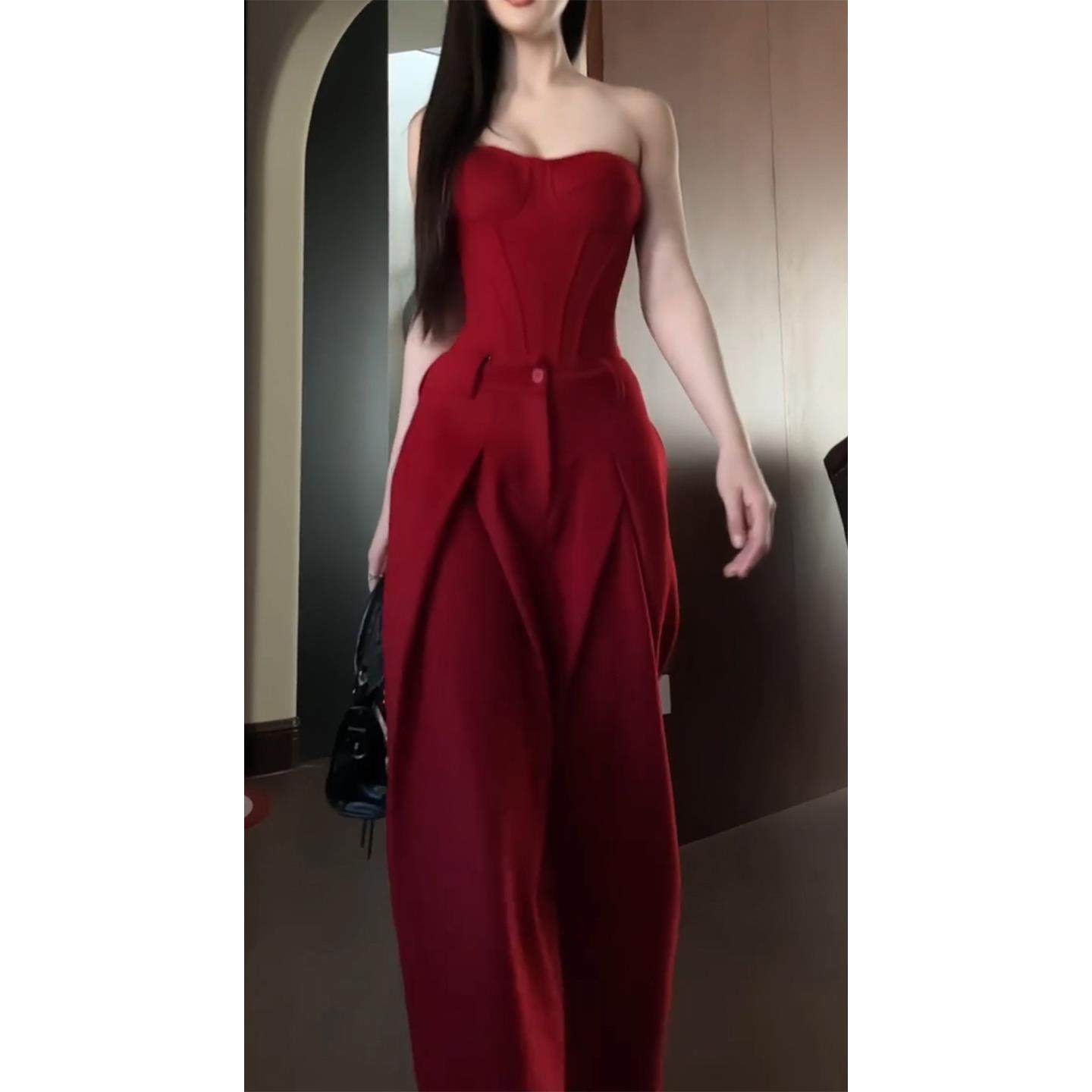 圣诞节穿搭新年本命年套装女秋红色抹胸内搭上衣休闲阔腿裤一整套,淘宝优惠券,粉丝福利购,淘宝优惠卷