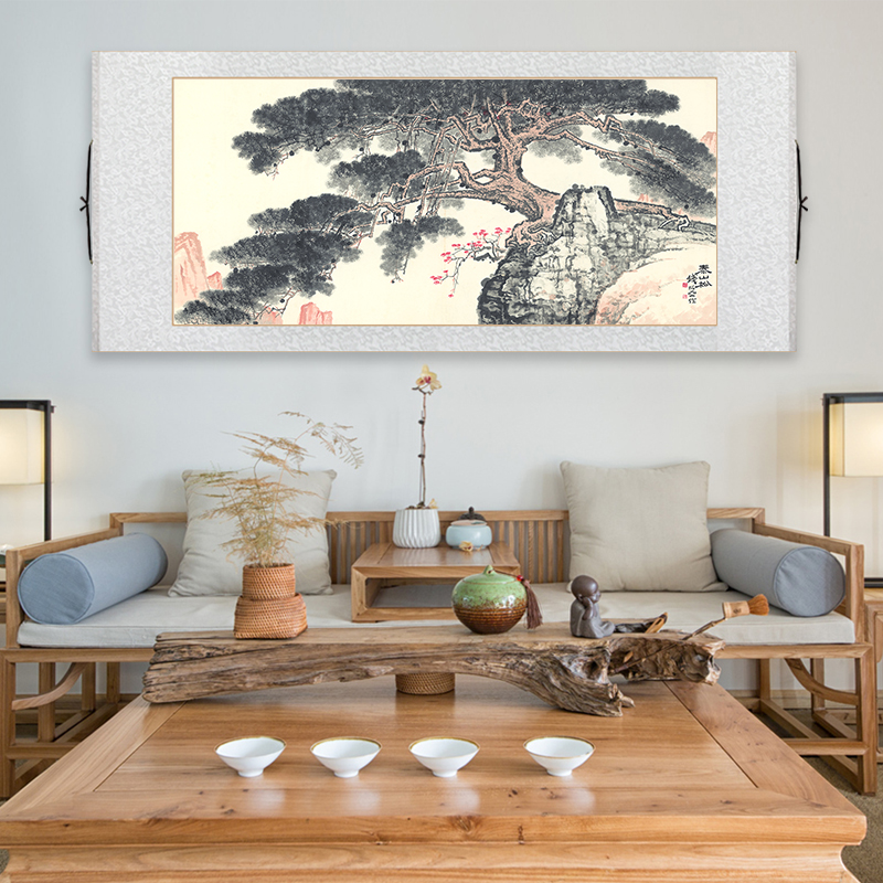 名家齐白石国画红荷蜻蜓图客厅书房装饰画新中式泰山松岩图挂画
