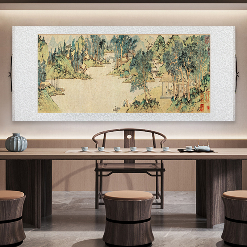 名家上睿携琴访友图新中式卷轴挂画传世名画文徽明浒溪草堂图壁画