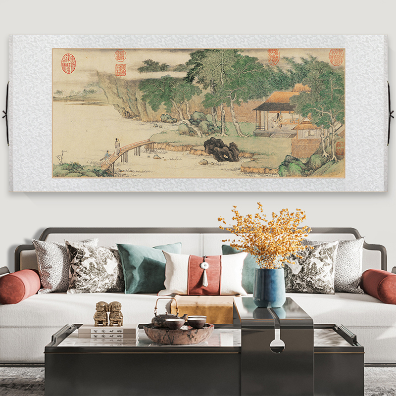 名家上睿携琴访友图新中式卷轴挂画传世名画文徽明浒溪草堂图壁画