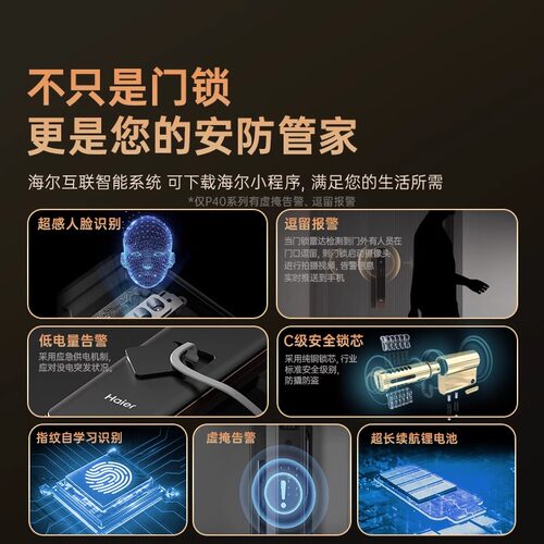 海尔全自动智能门锁人脸识别家用指纹锁电子锁猫眼监控密码锁官方 - 图0
