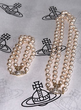 W3Studio韩国超火小众双层珍珠土星项链锁骨链磁石choker叠戴