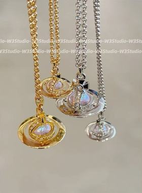 W3Studio新款欧若拉中号orb项链炫彩镭射立体土星球锁骨链镶钻