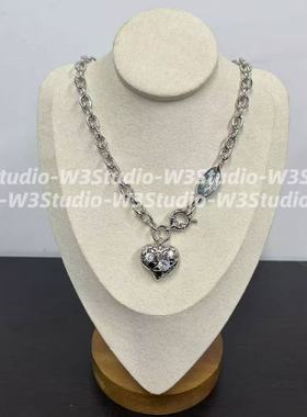 高品质镂空爱心土星镶钻粗款项链