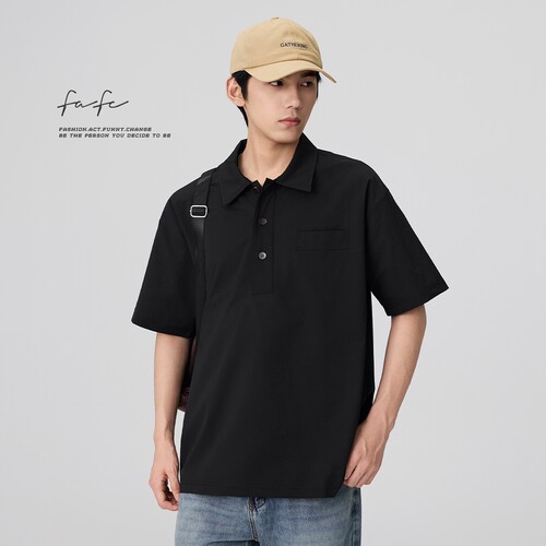 FAFC夏季轻薄透气格子纹泡泡纱短袖POLO衫男款纯色宽松翻领T恤潮 - 图0