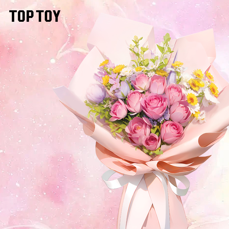 TOP TOY中国积木夕絮花漾八音盒玫瑰手捧积木花束女孩结婚礼物