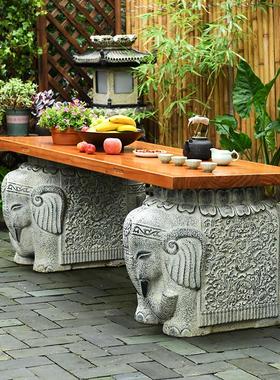 禅意大象茶桌 中式仿古老板办公桌台书桌 实木大板桌支架象墩摆件