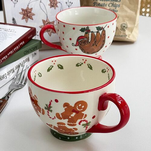 安木良品 外贸原单 复古可爱雪饼人树懒釉下彩陶瓷麦片早餐马克杯 - 图3