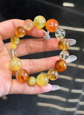天然黄色系多宝水晶手链黄水晶黄塔晶金虎眼黄萤石黄胶花多宝手串
