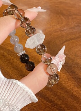 2025新款天然水晶灰月光耀石10mm茶晶异型白水晶手串手工冰耀石