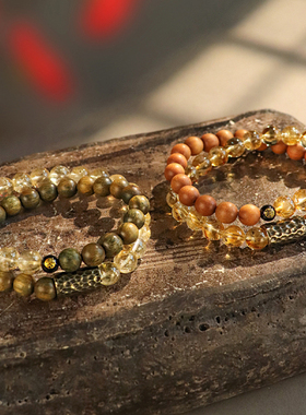 转运招财黄水晶檀木双圈手串