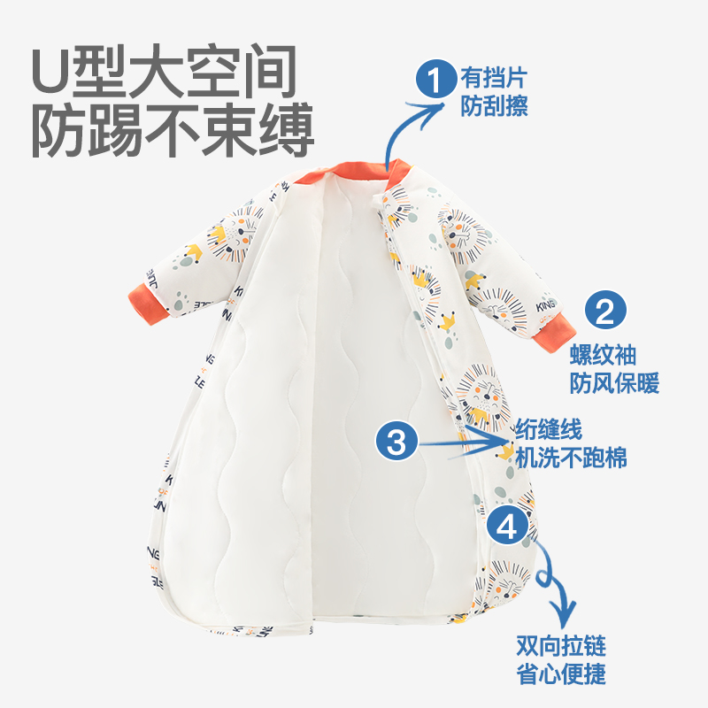 婴儿睡袋秋冬夹棉宝宝长袖一体式加厚睡衣新生儿拉链式功能防踢被
