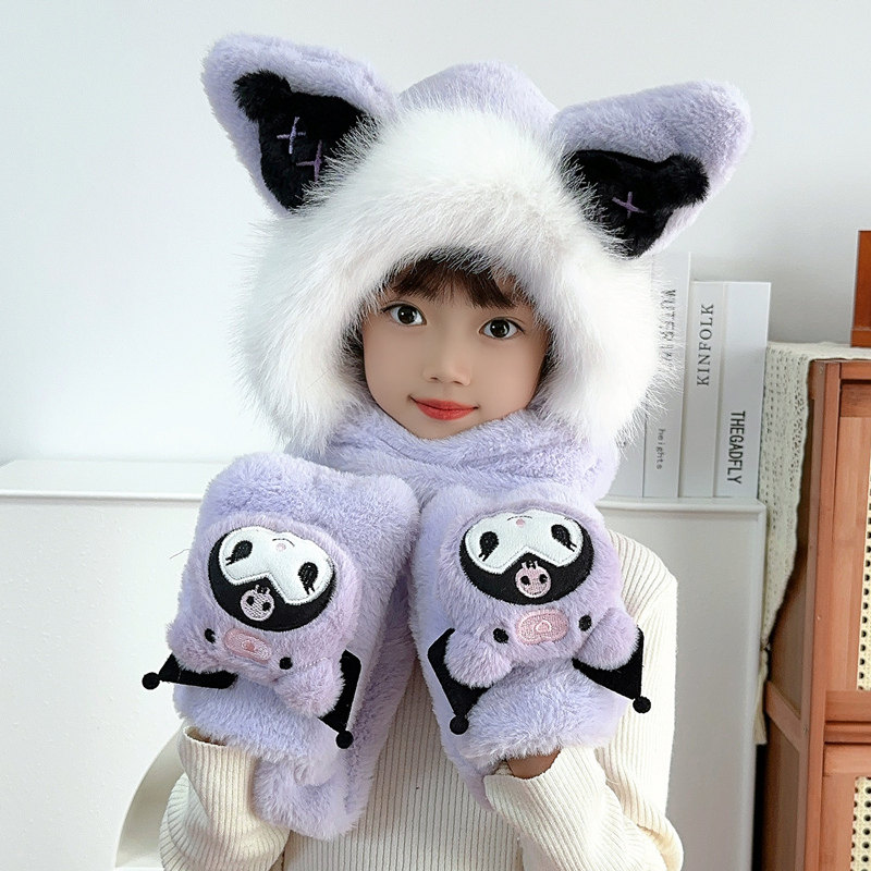 儿童帽子围巾手套三件套宝宝防风一体帽冬季男女童加厚护耳毛绒帽,淘宝优惠券,粉丝福利购,淘宝优惠卷