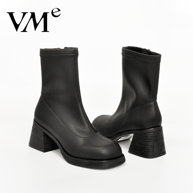 VME/舞魅2024新款女高跟靴瘦瘦靴皮短靴时尚粗跟皮靴VF21D3502