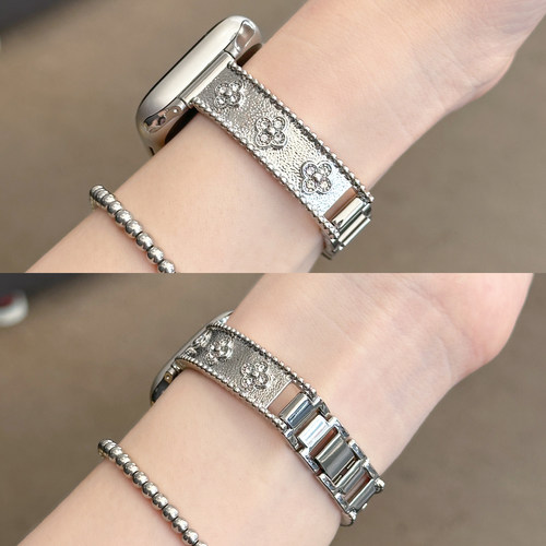 适用applewatchS11布契拉提四叶草手镯金属表带iwatch10/9/8/7/6复古质感苹果手表ultra小众不锈钢腕带SE女夏 - 图2