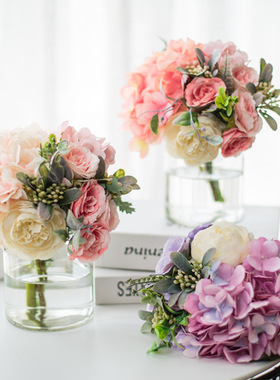 新仿真花套装假花玻璃花瓶玫瑰花 仿真植物盆栽家居装饰摆件假