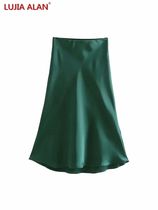 Hot Sale Solid Satin Elastic Waist Women A-Line Skirt Summer