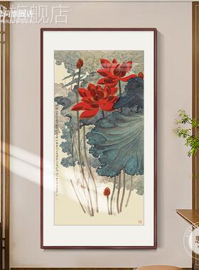 网红新张大千金线荷花玄饰画走关廊壁画竖花鸟挂画中版式古典装过