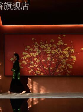 网红新中式装红色兰花饰画发酒店墅客厅沙背画景墙大尺寸巨幅禅意