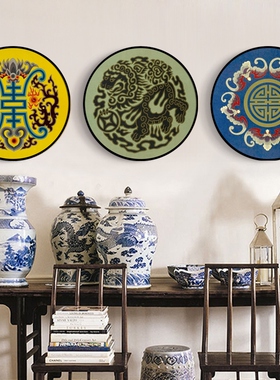 网红吉瑞祥年 新中式装饰画龙凤图腾古典壁画书房玄关圆形画鸳鸯