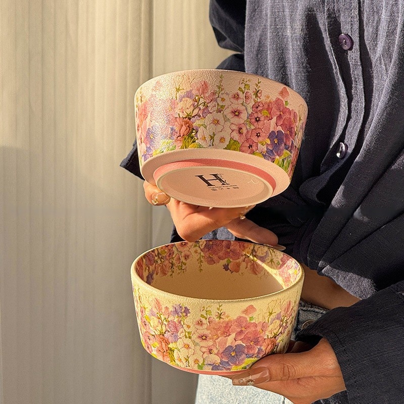 繁花似锦陶瓷高脚饭碗家用汤碗水果沙拉碗高颜值个人专用碗泡面碗 - 图1