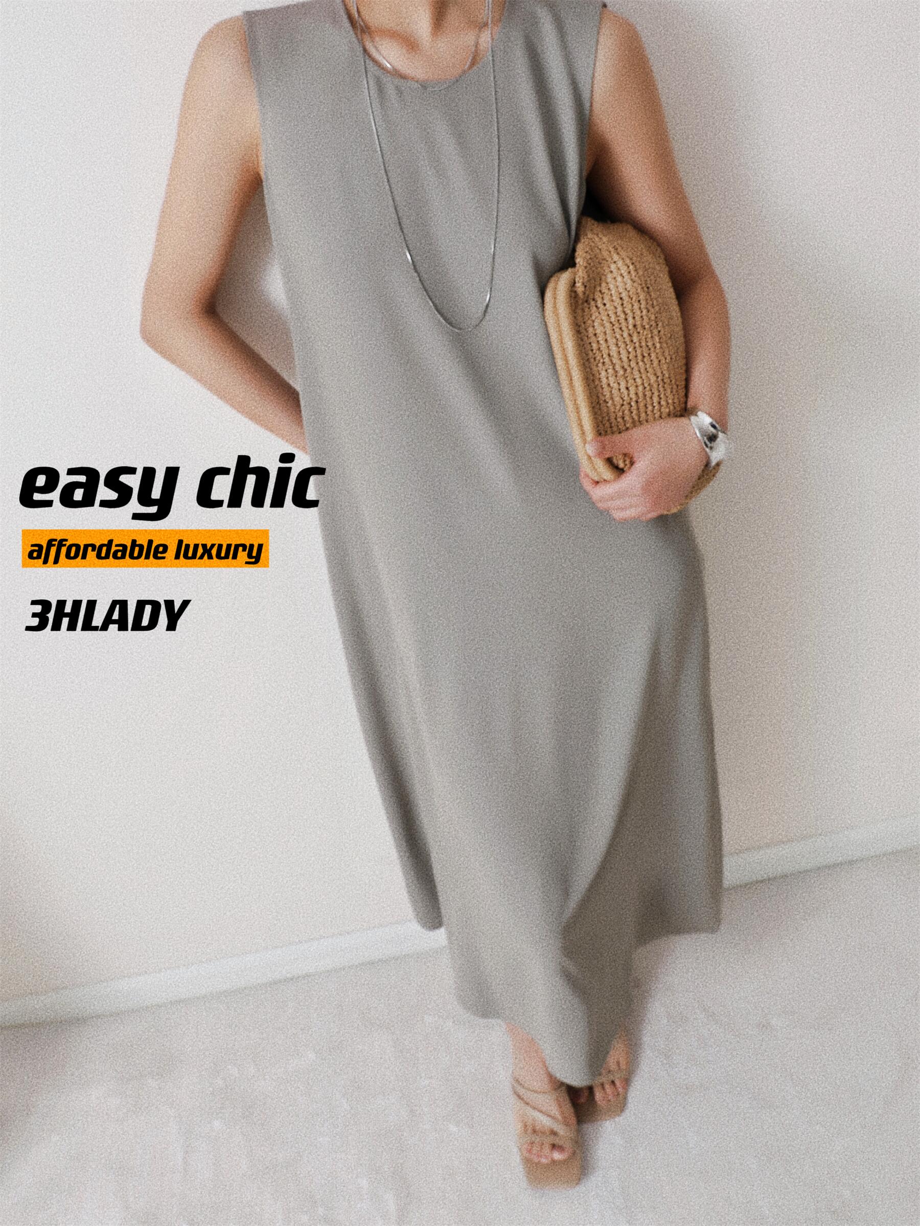 3HLADY |客供面料 悬垂自带凉感灰绿色圆领洒摆小直筒长款连衣裙 - 图1