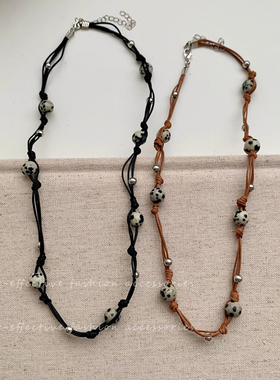 复古斑点石新款编织绳串珠项链女简约小众轻奢高级感叠戴锁骨链女