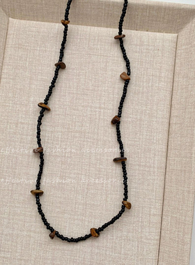 新中式黑色串珠项链爆款度假风复古木纹不规则珠子叠戴锁骨链配