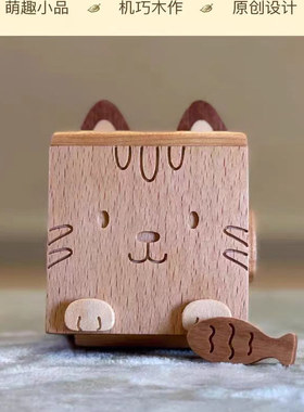 方块猫创意实木摆件 治愈玩具 原创木制桌面装饰品  LTCP-05