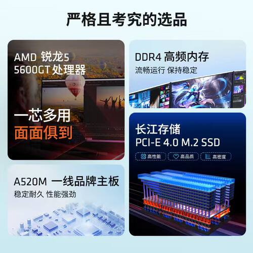 瀚铠AMD锐龙 R5 5600GT 核显16G内存 企业家用直播游戏办公DIY台式机组装主机全套组件322 - 图0