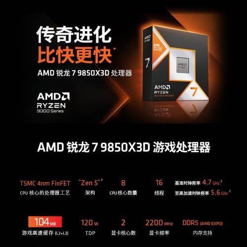 AMD锐龙7 9850X3D处理器8核16线程加速频率至高5.6GHz盒装游戏CPU - 图0
