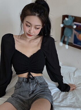 Women Blouses Solid Color Square Collar Shirts Pleated Pull-
