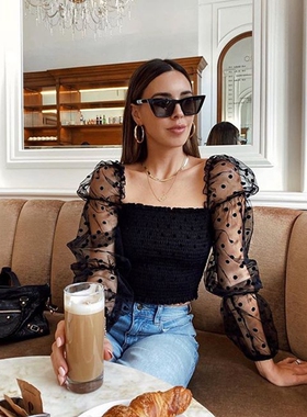 Summer Polka Dot Vintage New Women Shirts Puff Sleeve Square