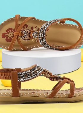 Rhinestone Sandals Ladies 2022 Retro Elastic Band Flat Summe