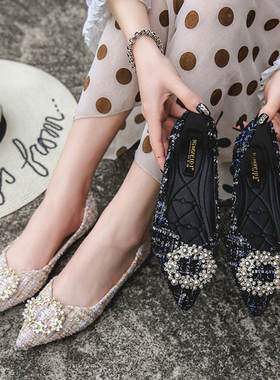 String bead round buckle flats ballet shoes women slip on sh