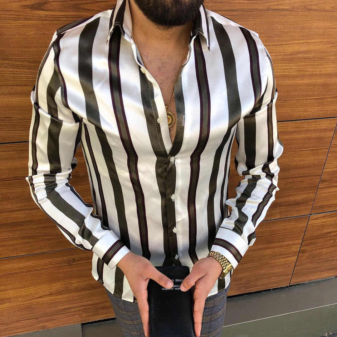 Men's Striped Casual Shirts Setwear Slim Fit Black White Lon - 图2