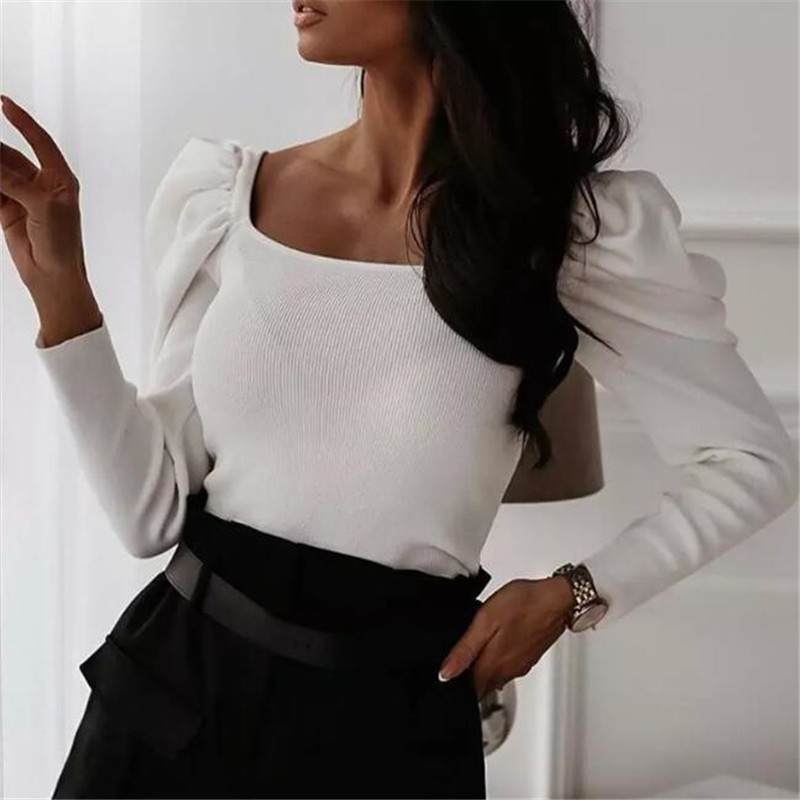 Fashion Puff Sleeve Khaki Black White Bodysuit Woman Long Sl-图0