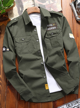 Men's Shirts Military Cotton Shirt Khaki Casual Retro Slim F