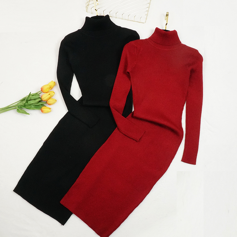 New Autumn Winter Women Knitted Dress Turtleneck Sweater Dre-图0